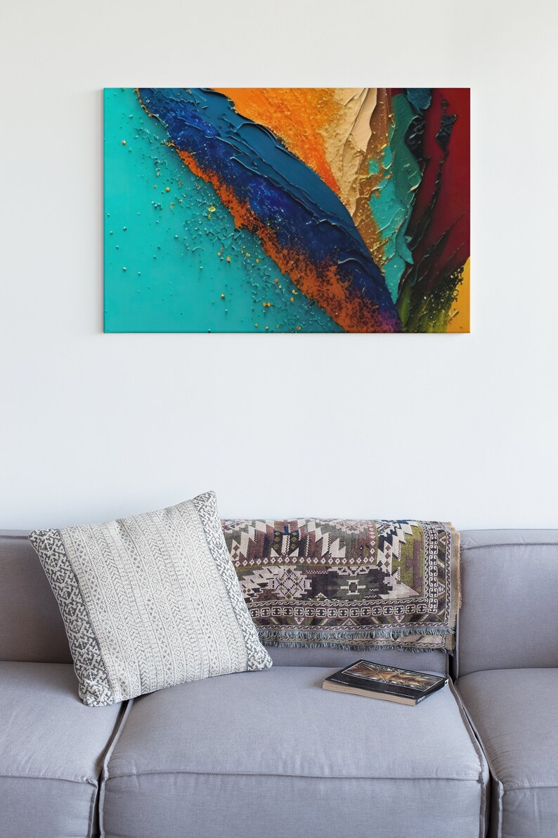 May include: Abstract painting with a teal, blue, orange, and brown color scheme. The painting has a textured, layered look, with thick brushstrokes and a gold glitter effect.