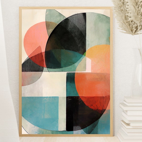 Colorful Circle Abstract Wall Art, Mid Century Geometric Printable, Turqouise Black and Coral Digital Print, Instant Digital Download