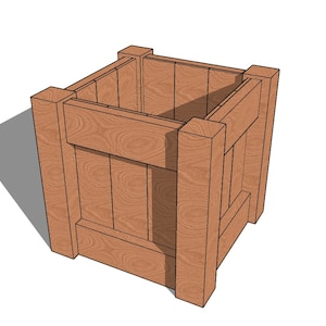May include: A wooden planter box with a square shape and a natural wood finish. The planter has a simple design with a smooth surface and no visible embellishments.