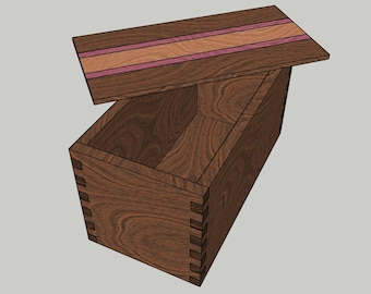 May include: A wooden box with a hinged lid. The lid is open and has a decorative inlay of pink and brown wood. The box is made of dark wood with a grain pattern.