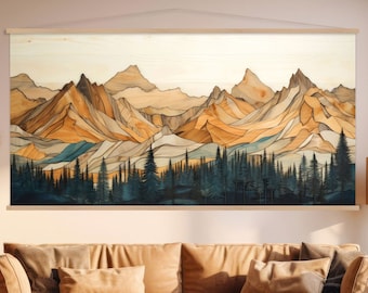 Wood Wall Art Mountain Canvas Wall Art Hanger, Wood Texture Canvas Print, Abstract Mountain Wall Art Living Room, Extra Large Wall Art
