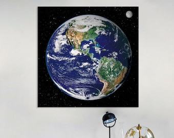 Earth Art, Modern Canvas Print, Living Room Decor, World Canvas Print, Extra Large Canvas Wall Art, Earth and Moon Print