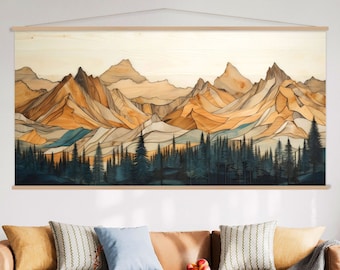 Wood Mountain Wall Art Hanger, Wood Texture Canvas Wall Art Living Room, Large Wall Hanging Print, Abstract Mountain Wall Art Canvas