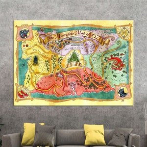Der Zauberer von Oz Karte Leinwand Wandkunst, Fantasy Karte Druck, Land of Oz Karte Wandkunst Wohnzimmer, Zauberer von Oz Dekor, Große Wand Kunst Leinwand