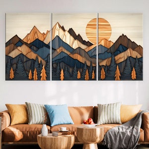 Wood Wall Art Mountain Canvas Wall Art Living Room, Wood Texture Canvas Print, Extra Large Wall Art, Abstract Mountain Art