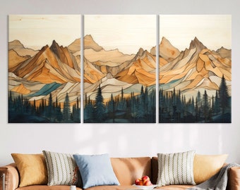 Wood Texture Wall Art Canvas, Wood Wall Art Mountain Print, Extra Large Wall Art Living Room, Abstract Mountain Print, Framed Canvas Print