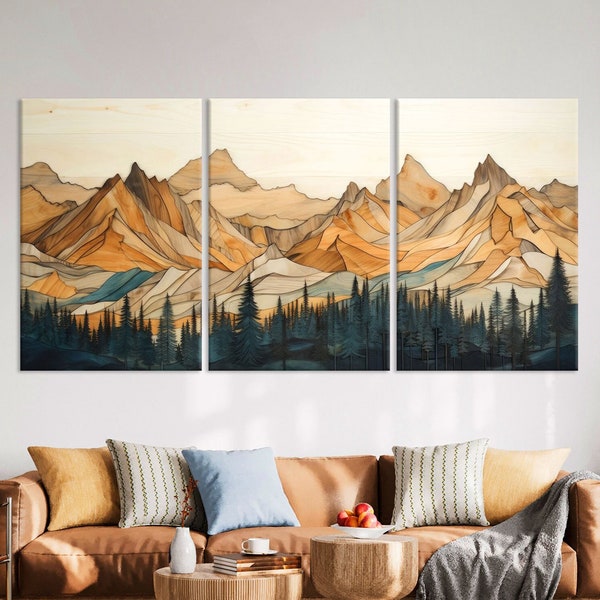 Wood Texture Wall Art Canvas, Wood Wall Art Mountain Print, Extra Large Wall Art Living Room, Abstract Mountain Print, Framed Canvas Print