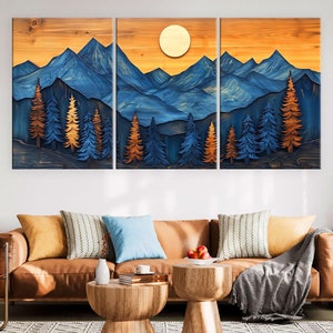 Wood Wall Art Mountain Canvas Wall Art Living Room, Wood Texture Canvas Print, Extra Large Wall Art, Abstract Mountain Art