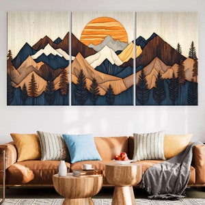 Wood Wall Art Mountain Canvas Wall Art Living Room, Wood Texture Canvas Print, Extra Large Wall Art, Abstract Mountain Art