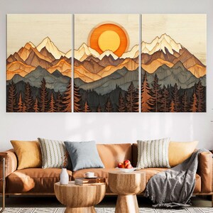 Wood Wall Art Mountain Canvas Wall Art Living Room, Wood Texture Canvas Print, Extra Large Wall Art, Abstract Mountain Art