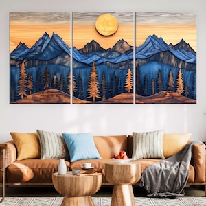 Wood Wall Art Mountain Canvas Wall Art Living Room, Wood Texture Canvas Print, Extra Large Wall Art, Abstract Mountain Art