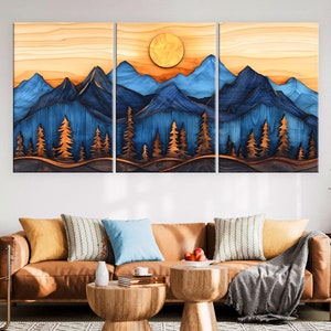 Wood Wall Art Mountain Canvas Wall Art Living Room, Wood Texture Canvas Print, Extra Large Wall Art, Abstract Mountain Art