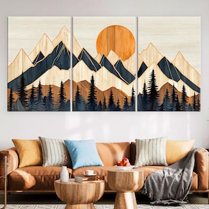 Wood Wall Art Mountain Canvas Wall Art Living Room, Wood Texture Canvas Print, Extra Large Wall Art, Abstract Mountain Art