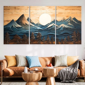 Wood Wall Art Mountain Canvas Wall Art Living Room, Wood Texture Canvas Print, Extra Large Wall Art, Abstract Mountain Art