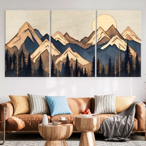Wood Wall Art Mountain Canvas Wall Art Living Room, Wood Texture Canvas Print, Extra Large Wall Art, Abstract Mountain Art
