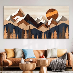 Wood Wall Art Mountain Canvas Wall Art Living Room, Wood Texture Canvas Print, Extra Large Wall Art, Abstract Mountain Art