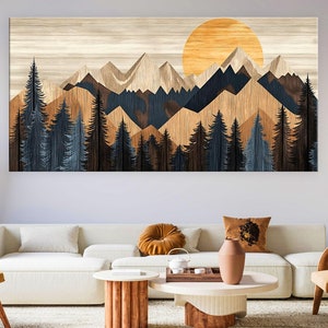 Wood Wall Art Mountain Canvas Wall Art Living Room, Wood Texture Canvas Print, Extra Large Wall Art, Abstract Mountain Art
