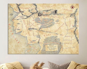 Stampa mappa Beleriand, mappa dell'arte da parete su tela della Terra di Mezzo, arte del Signore degli Anelli, decorazioni per la casa, stampa su tela della mappa della Terra di Mezzo, grande arte da parete