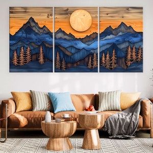 Wood Wall Art Mountain Canvas Wall Art Living Room, Wood Texture Canvas Print, Extra Large Wall Art, Abstract Mountain Art