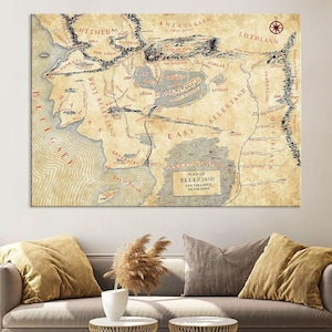 Impression de carte de Beleriand, carte de la Terre du Milieu, art mural sur toile, art du Seigneur des anneaux, décoration d'intérieur, impression sur toile de carte de la Terre du Milieu, grande oeuvre d'art murale