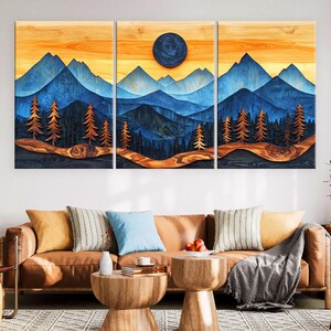 Wood Wall Art Mountain Canvas Wall Art Living Room, Wood Texture Canvas Print, Extra Large Wall Art, Abstract Mountain Art