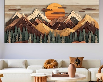 Wood Texture Wall Art Canvas Print, Wood Wall Art Mountain Print, Extra Large Wall Art Living Room, Abstract Mountain Print, Framed Canvas