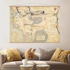 Impression de carte du Beleriand, carte de la Terre du Milieu, suspension d'art mural sur toile, art du Seigneur des anneaux, impression de carte suspendue sur toile, très grande oeuvre d'art mural