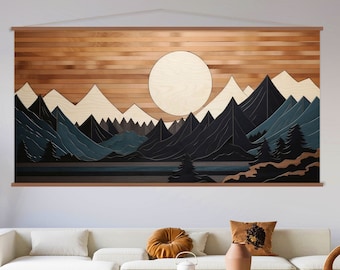Wood Wall Art Mountain Canvas Wall Art Hanger, Wood Texture Canvas Print, Abstract Mountain Wall Art Living Room, Extra Large Wall Art