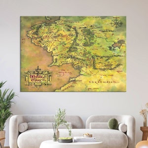 Carte de l’art mural sur toile de la Terre du Milieu, Art du Seigneur de l’Anneau, Décor de salon, Impression sur toile de la carte de la Terre du Milieu, Art mural extra large