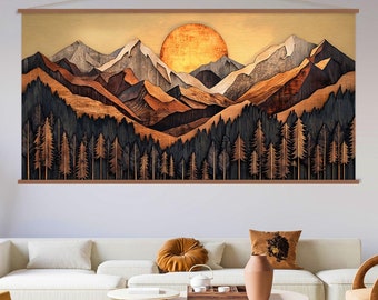 Wood Wall Art Mountain Canvas Wall Art Hanger, Wood Texture Canvas Print, Abstract Mountain Wall Art Living Room, Extra Large Wall Art