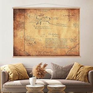 Mapa de la Percha de arte de la pared del lienzo de la Tierra Media, Impresión del mapa Hobbit, Arte del Señor del Anillo, Impresión del lienzo de Thorins del mapa de la montaña solitaria, Arte de la pared grande