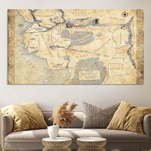 Impression de carte de Beleriand, carte de la Terre du Milieu, art mural sur toile, art du Seigneur des anneaux, décoration d'intérieur, impression sur toile de carte de la Terre du Milieu, grande oeuvre d'art murale