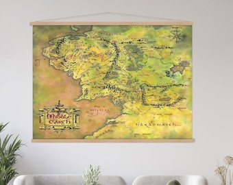Appendiabiti da parete su tela con mappa della Terra di Mezzo, arte del Signore degli Anelli, decorazione del soggiorno, stampa su tela con mappa sospesa, arte da parete extra large