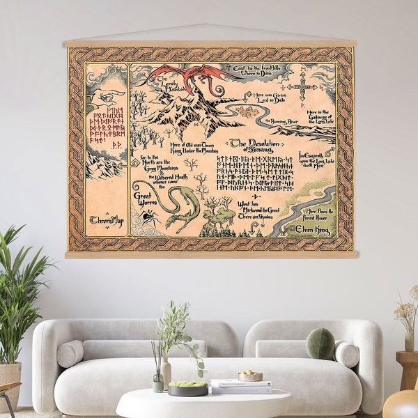 Map of Middle Earth Canvas Wall Art Hanger, Hobbit Map Print, Lord of The Ring Art, Lonely Mountain Map Thorins Canvas Print, Large Wall Art