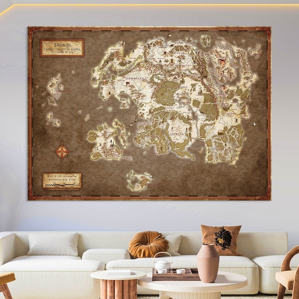 Carte de Tamriel, art mural, carte fantastique, décoration de salon, impression sur toile carte Elder Scrolls, très grande oeuvre d'art mural