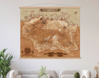 Skyrim Karte Leinwand Wand Kunst Aufhänger, hängende Skyrim Kunst, Wohnzimmer Dekor, moderne Leinwand Druck, extra große Wandkunst, Skyrim Geschenke