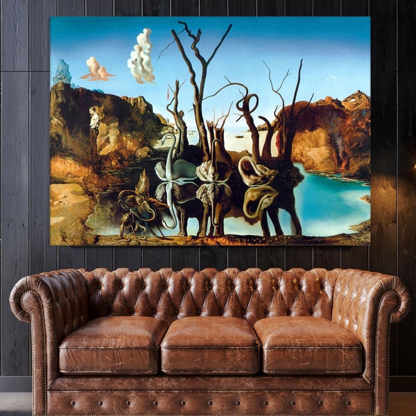 Salvador Dali Impression sur toile, reproductions d’art mural pour décor de salon, impression de cygnes reflétant des éléphants, art mural sur toile extra large