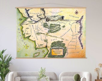 Stampa della mappa del Beleriand, Mappa della Terra di Mezzo, Appendiabiti da parete su tela, Arte del Signore degli Anelli, Stampa su tela con mappa sospesa, Arte da parete extra large