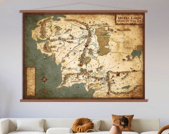 Map of Middle Earth Canvas Wall Art Hanger, Lord of The Ring Art, Living Room Decor, Hanging Map Canvas Print, Extra Large Wall Art