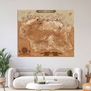 Skyrim kaart canvas muur kunst, Skyrim kunst, woonkamer decor, moderne canvas print, extra grote muur kunst, Skyrim decor