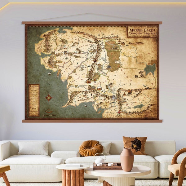 Mapa de la percha de arte de la pared del lienzo de la Tierra Media, arte del Señor del Anillo, decoración de la sala de estar, impresión del lienzo del mapa colgante, arte de pared extra grande