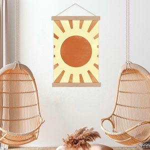 Burnt Orange Sun Print, Mid Century Modern Boho Wall Art Canvas Hangers Frame, Boho Large Wall Hanging, Abstract Sun Print, Wall Art Hanger