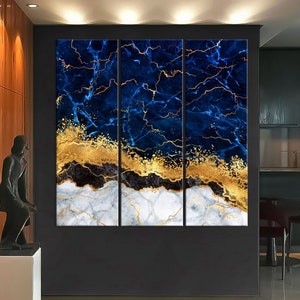 Blue and Gold Wall Art Canvas, Luxury Marble Canvas Print, Living Room Decor, Navy Blue Marble Wall Art, Extra Large Canvas Wall Art