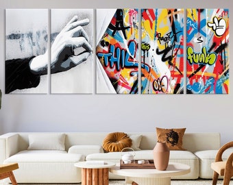 Canvas Banksy achter het gordijn, Banksy muurkunst, moderne straatkunst, woonkamerdecor, stedelijke graffiti canvasafdruk, extra grote muurkunst