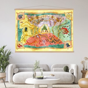 Der Zauberer von Oz Karte Leinwand Wand Kunst Aufhänger, Hängende Land von Oz Karte, Wohnzimmer Dekor, Fantasy Karte Leinwanddruck, Extra Große Wandkunst