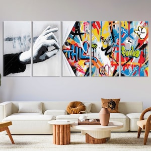 Banksy Behind the Curtain Canvas, Banksy Wall Art, Modern Street Art, Living Room Decor, Urban Graffiti Canvas Print, Extra Large Wall Art