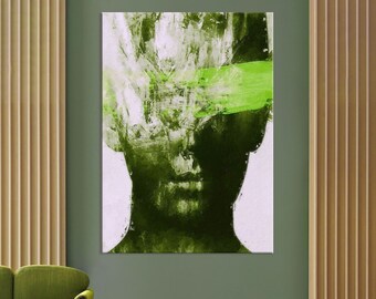Abstract Face Art Canvas, Green Wall Art Living Room Decor, Abstract Portrait Print, Extra Large Wall Art Canvas