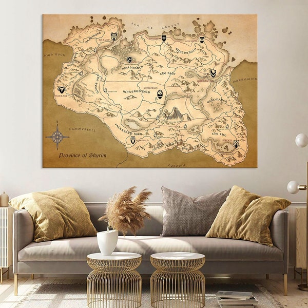 Skyrim Map Canvas Wall Art, Skyrim Art, Living Room Decor, Modern Canvas Print, Extra Large Wall Art, Skyrim Gifts