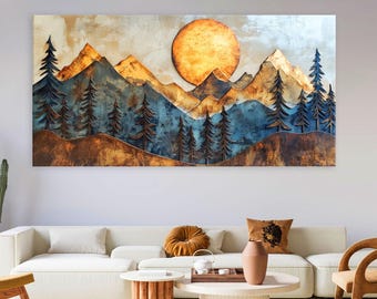 May include: A large, rectangular wall art piece depicting a mountain landscape with a large sun. The mountains are in shades of gold, blue, and brown, with dark green trees. The sun is a bright orange circle.