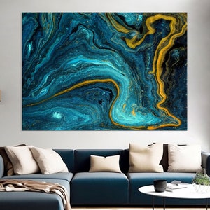 Blue and Gold Wall Art Canvas, Luxury Marble Canvas Print, Living Room Decor, Navy Blue Marble Wall Art, Extra Large Canvas Wall Art